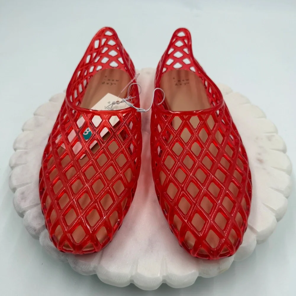 A New Day tutu Red Lattice Jelly Flats Womens Size 8 Cage Slip On Summer Shoes
